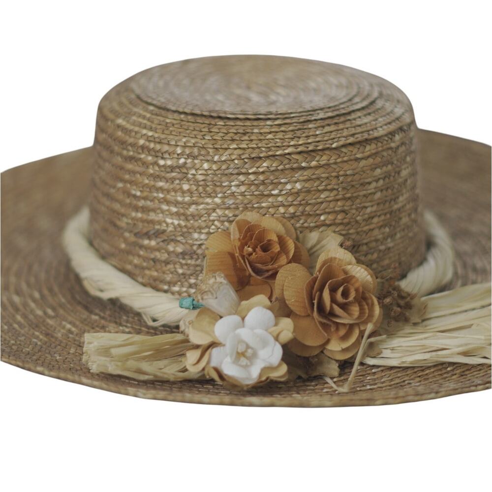 Vintage Straw Hat Wide Brim Floral Raffia Garden Party Derby Women 22 Inch - Picture 9 of 10